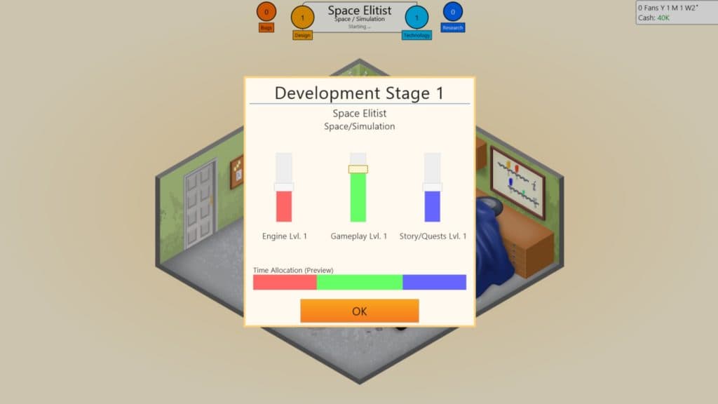 Ración de diseño tecnológico durante el desarrollo del juego en Game Dev Tycoon