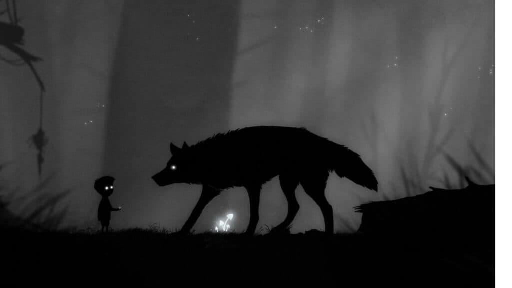 Personaje frente a un lobo en el Limbo