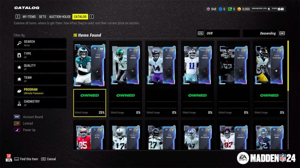 Nueva función de catálogo de artículos en Madden 24