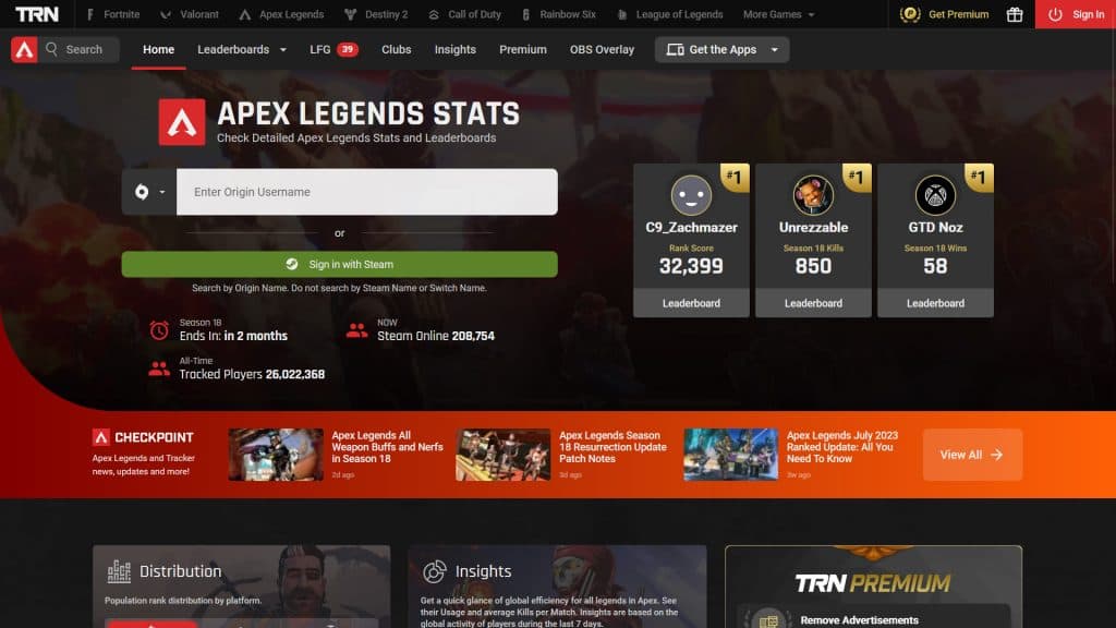 Captura de pantalla de la página de seguimiento de estadísticas de Apex Legends de Tracker Network.