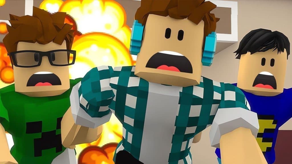 Personajes de Roblox huyendo de una explosión.