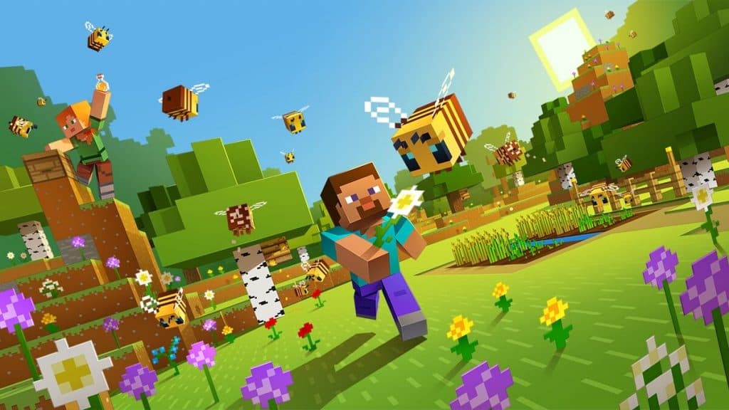 Personaje de Minecraft corriendo por la jungla con abejas.