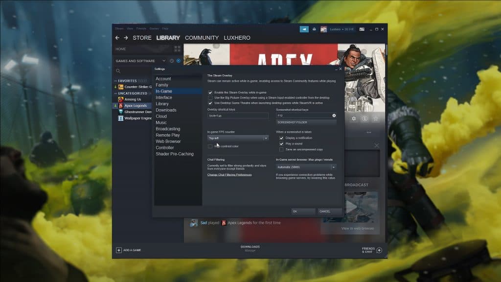 Configuración del contador Steam Apex Legends FPS.