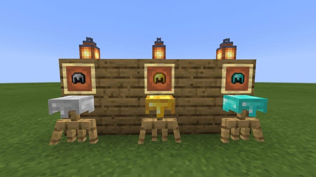 Cascos de hierro, oro y diamantes en Minecraft en soportes de armadura y en marcos,