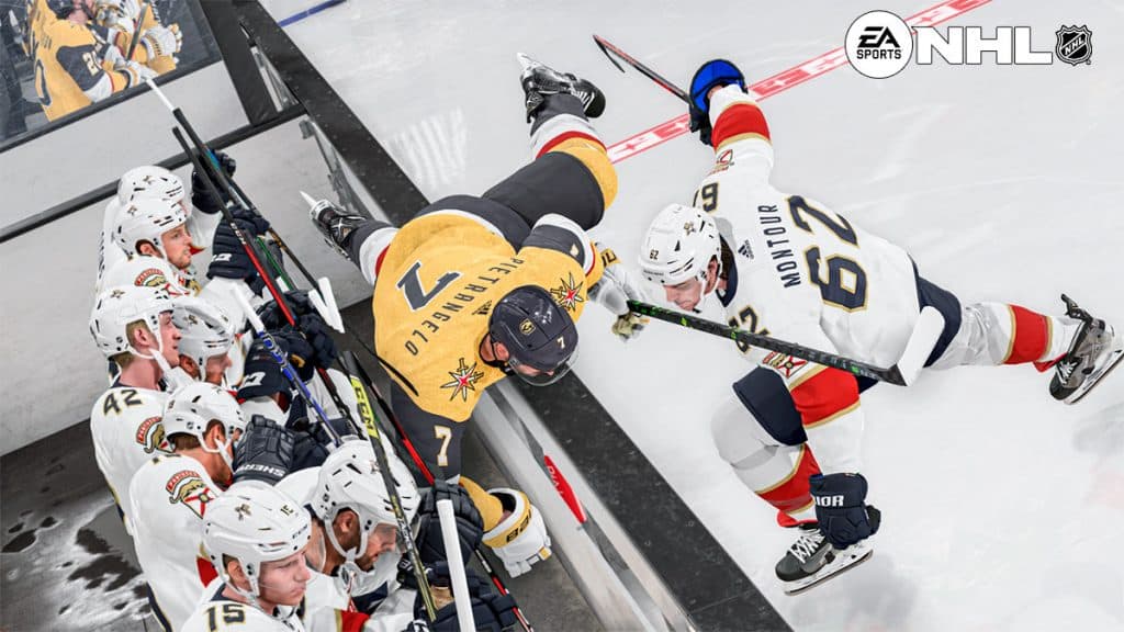 Defensor envía al atacante al banquillo tras colisión en NHL 24.