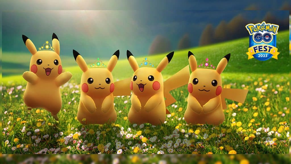 Cuatro Pikachu con coronas en Pokémon Go