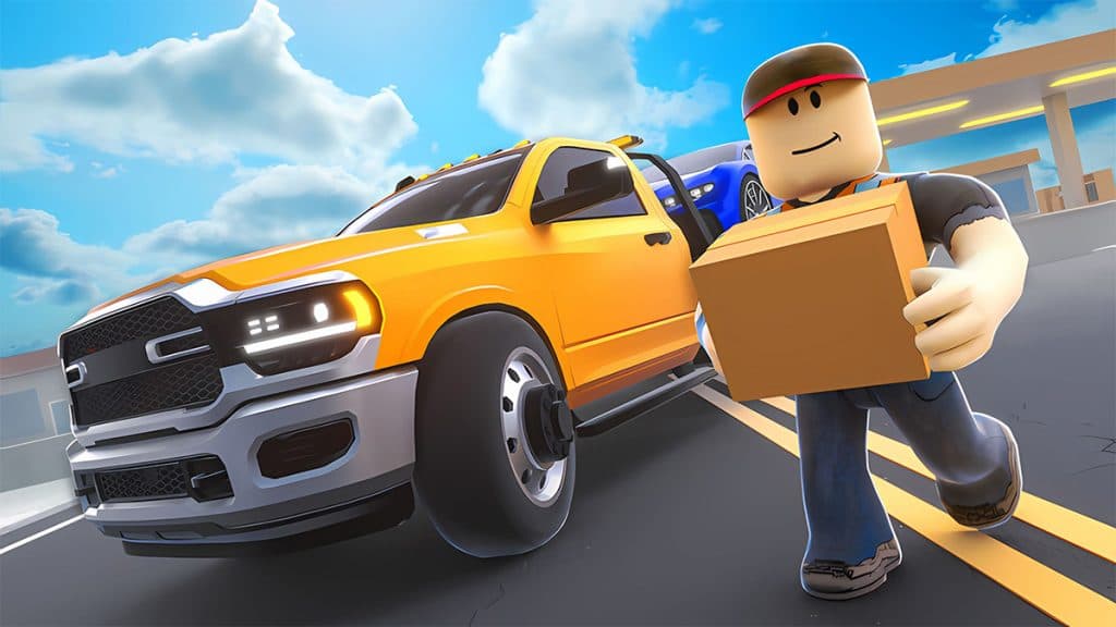 Un personaje que lleva una caja frente a un camión amarillo en Roblox Car Dealership Tycoon.