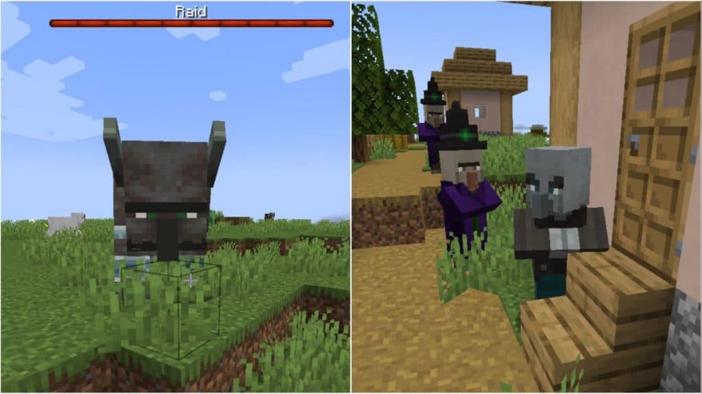 Un Devastador, una Bruja y un Illager en una incursión de Minecraft.