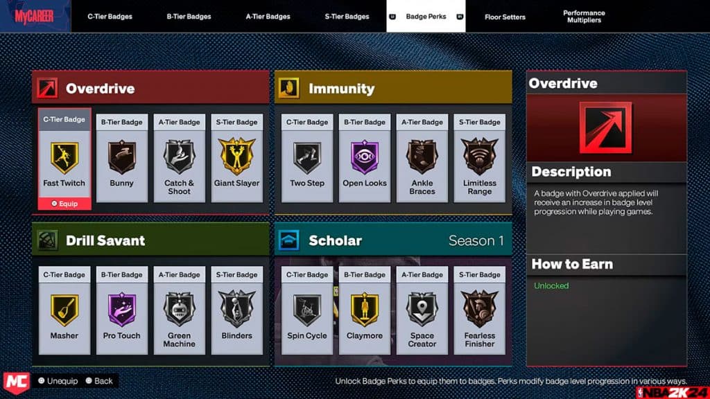 Página de ventajas de insignias en el modo Mi JUGADOR de NBA 2K24