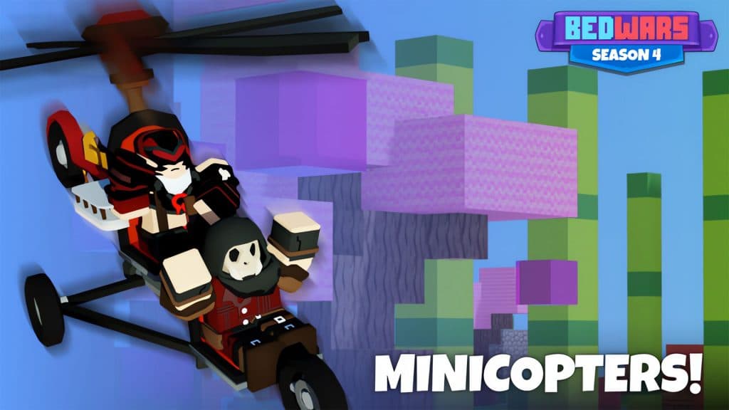 Dos personajes montando un Minicopter en Roblox Bedwars