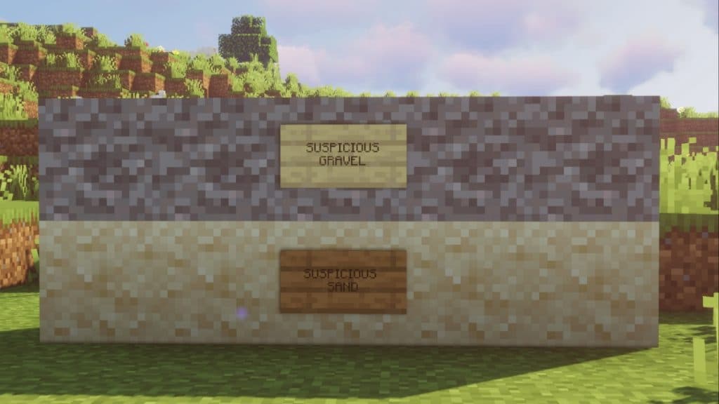 Arena y grava sospechosas con carteles que las identifican en Minecraft.