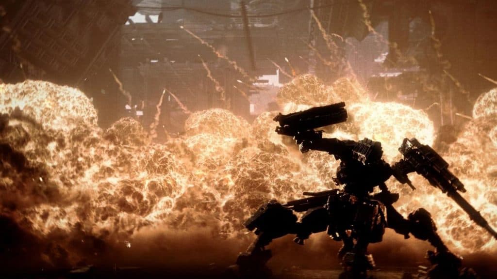 Un robot frente a una explosión en Armored Core 6