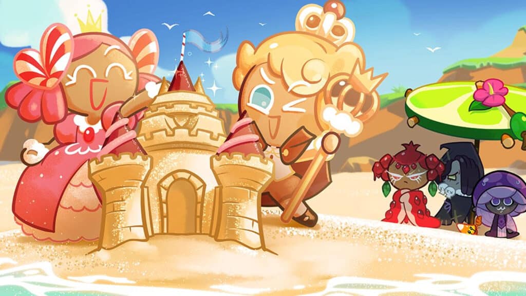 Personaje de Cookie Run Kingdom haciendo un castillo de arena.
