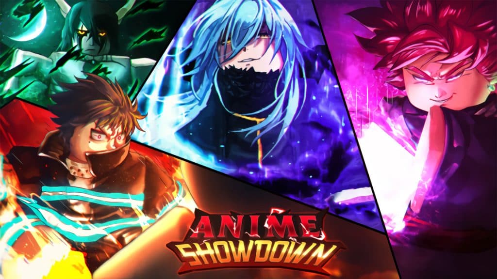 Miniatura de Roblox Anime Showdown que muestra varios personajes de anime y villanos,