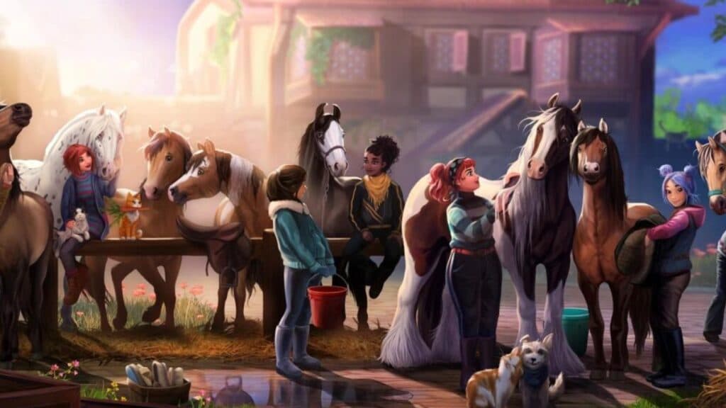 Caballos y sus jinetes en la ciudad de Jorvik de Star Stable