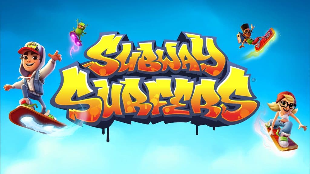 Logotipo de Subway Surfers con varios personajes a su alrededor.