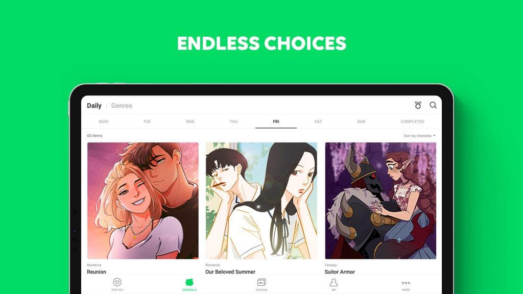 Varios webtoons en la aplicación webtoon.