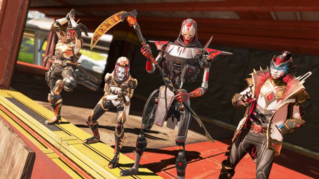 Varios personajes de Apex Legends parados cerca de una repisa.