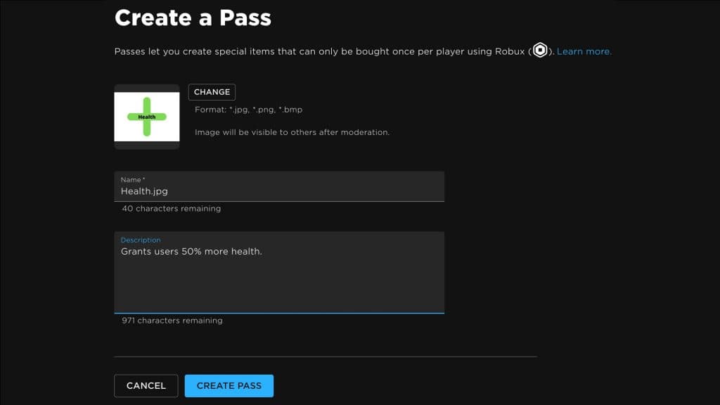 Página de creación de Gamepass en Roblox.