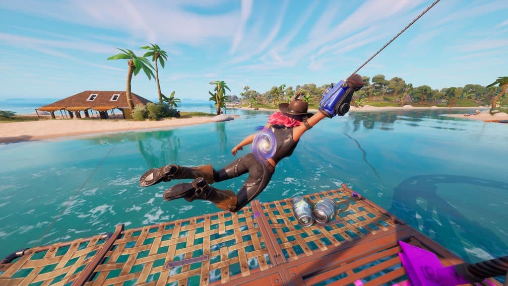 Jugador de Fortnite balanceándose con el guante Grapple