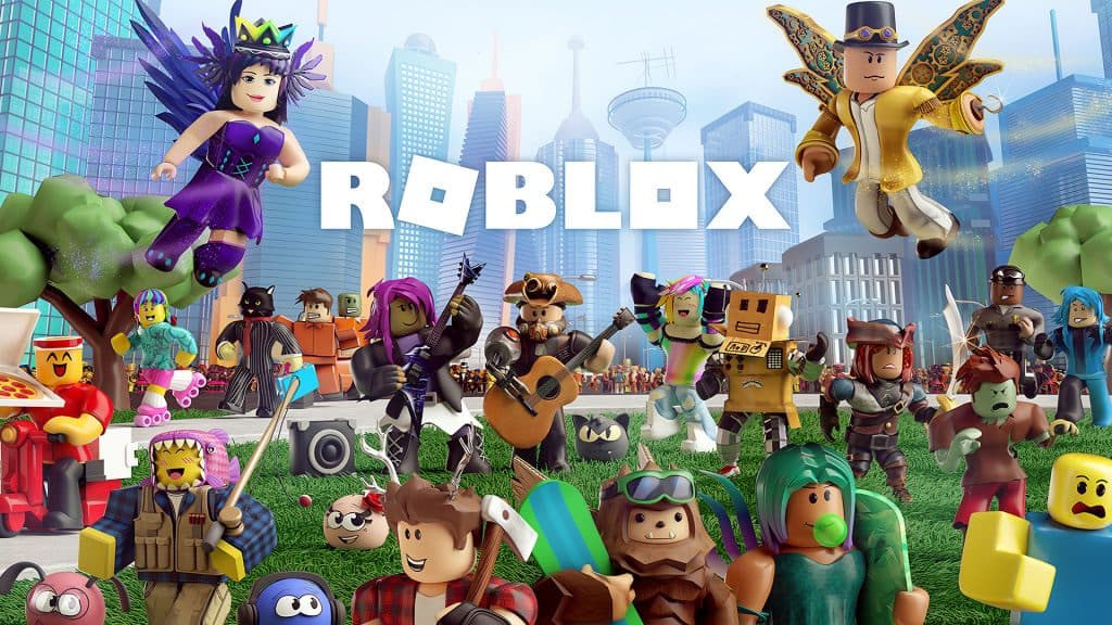 Varios personajes de Roblox alrededor del logotipo de Roblox.