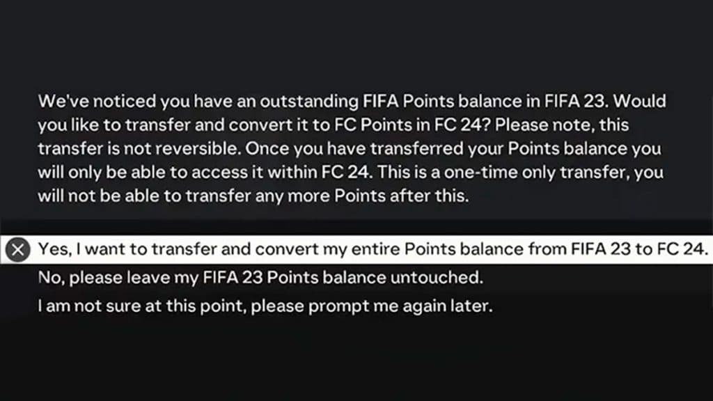 Ventana emergente de puntos de transferencia en EA FC 24