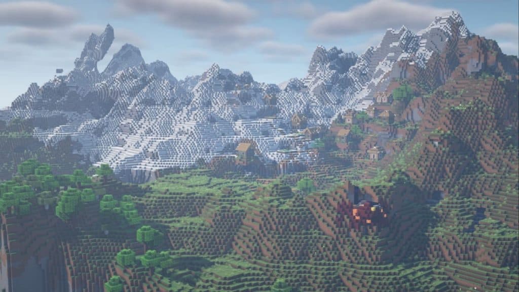 Un pueblo en las montañas en Minecraft.