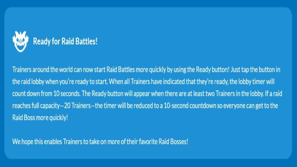 Texto del botón Pokémon Go Raid Battle Ready en la publicación del blog Go Fest 2023