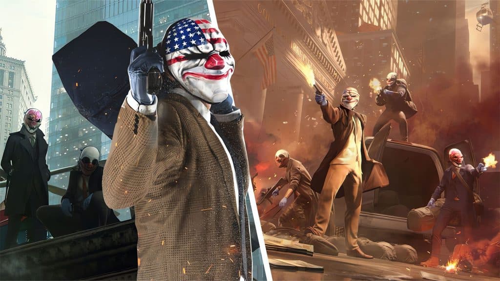 Collage de Payday 3 con varios personajes con armas.