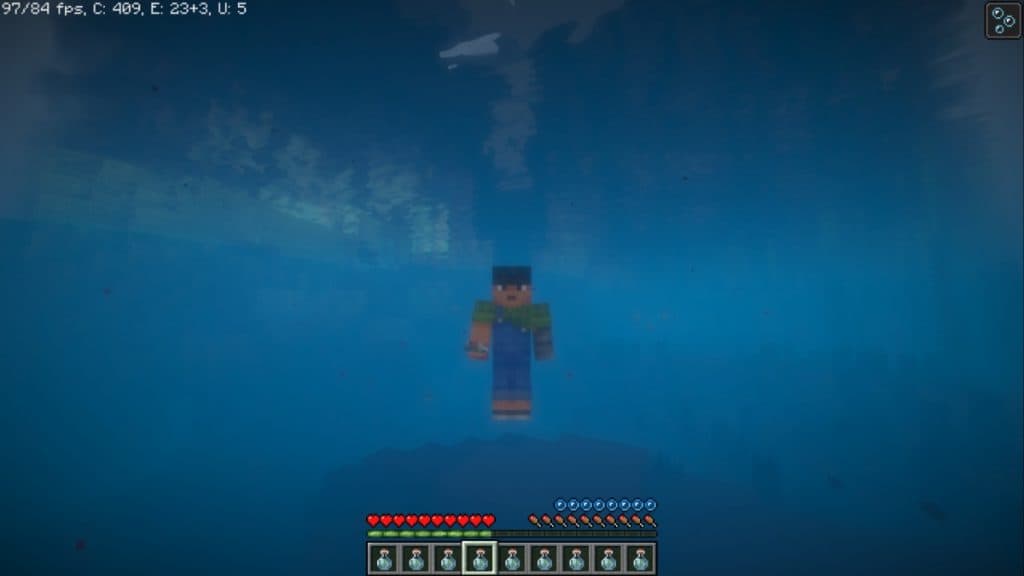 Un jugador nadando después de consumir una poción para respirar agua.