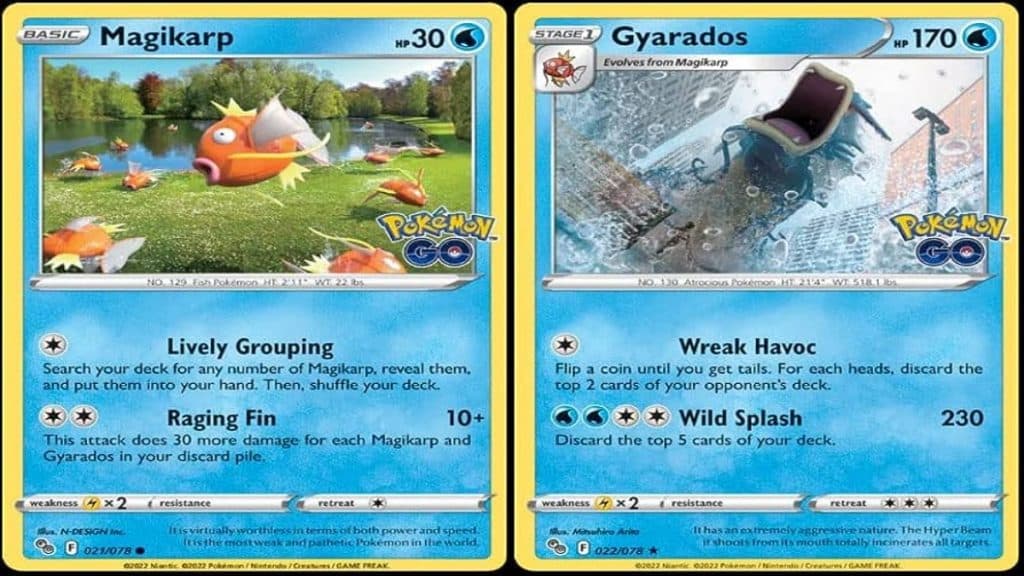 Imagen promocional de cartas de pokemon tcg gyarados y magikarp