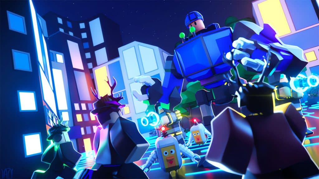 Varios personajes luchando contra un robot gigante en Roblox Blox Royale.