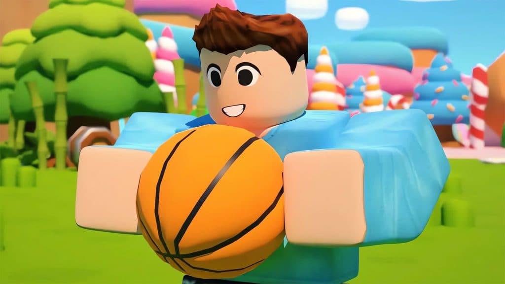 Un jugador sosteniendo una pelota de baloncesto en Roblox Hoop Simulator.