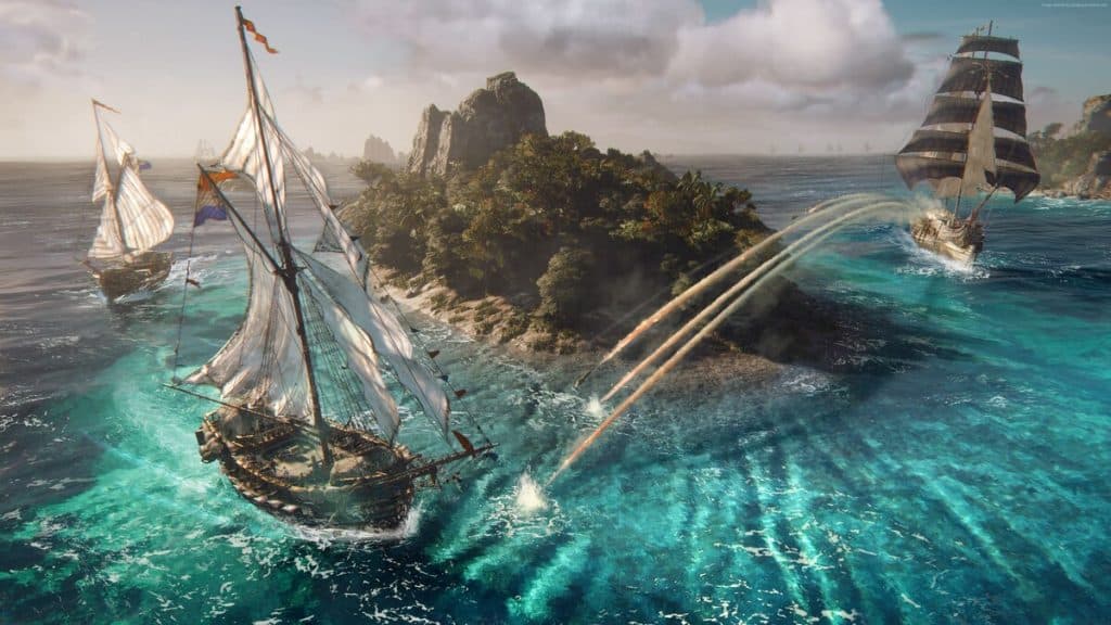 dos barcos disparando cañones a través de islas en Skull and Bones