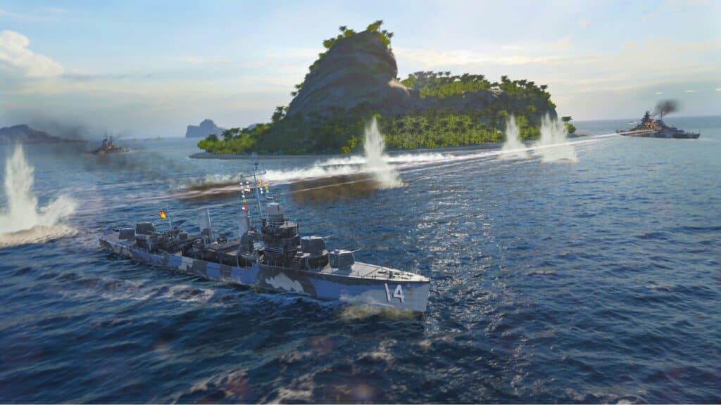 Un buque de guerra durante una guerra en World of Warships