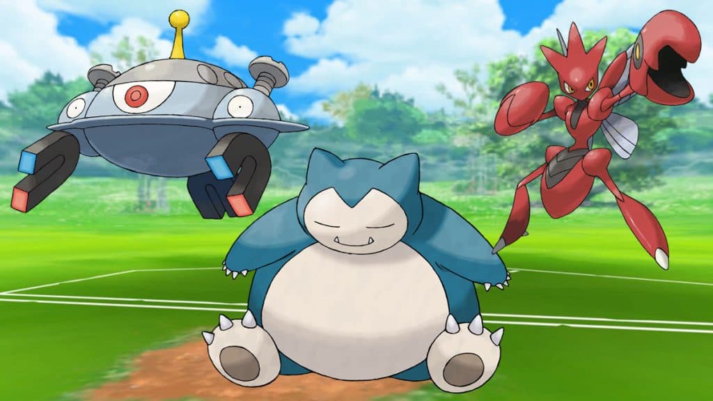 Snorlax, Magnezone y Scizor en un campo de batalla de Pokémon Go