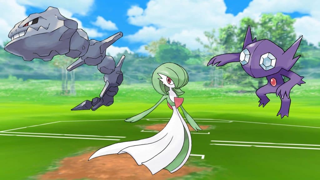 steelix, gardevoir y sableye en una arena de batalla de pokemon go