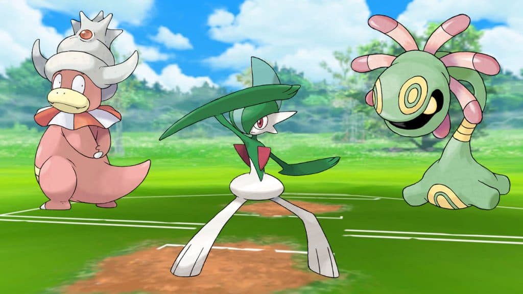 Slowking, Gallade y Cradily en un campo de batalla de Pokémon Go