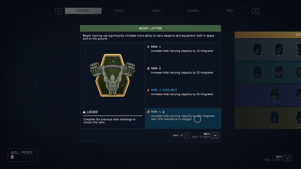 Habilidad de levantamiento de pesas en Starfield