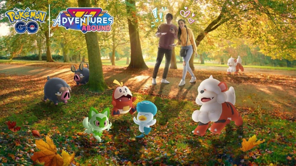 pokemon go sprigatito, fuecoco y quaxly en imagen promocional de la temporada de aventuras abundan