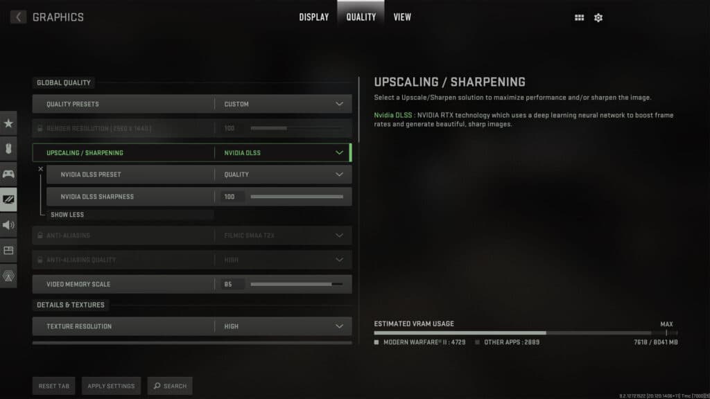 Configuración de NVIDIA DLSS en los menús gráficos de Modern Warfare 2