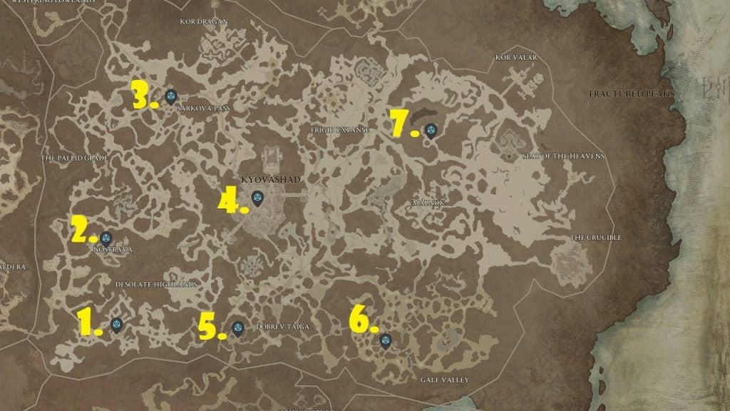 Todas las ubicaciones de puntos de ruta en la región de Fractured Peaks de Diablo 4