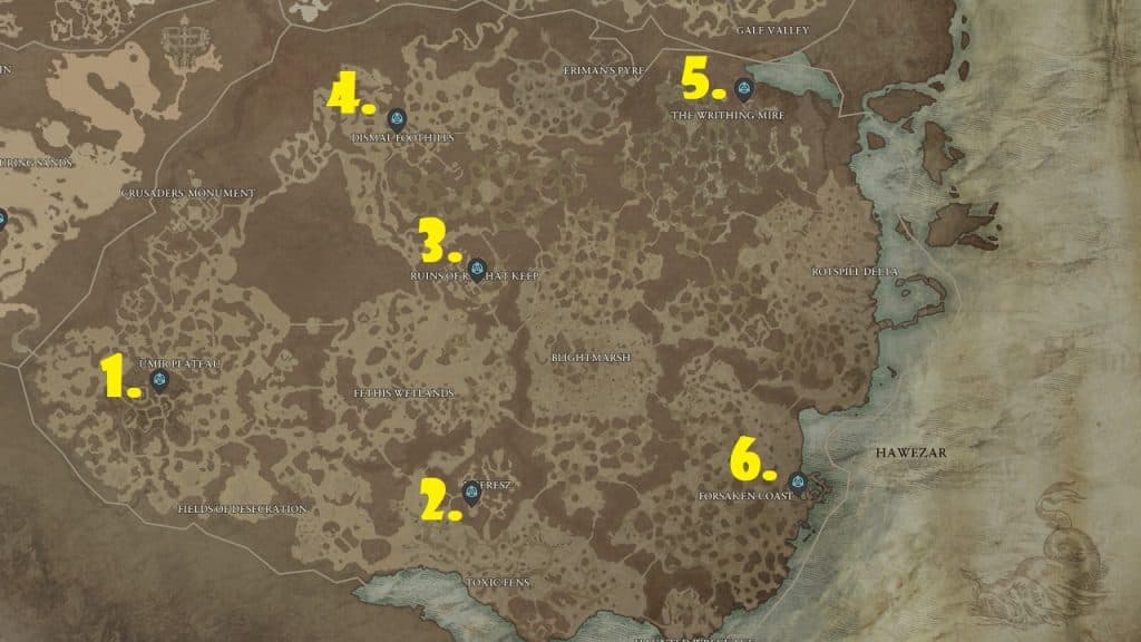 Todas las ubicaciones de puntos de referencia en la región de Hawezar de Diablo 4