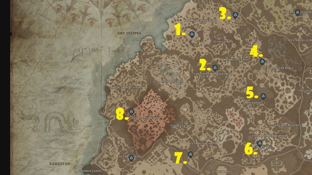 Todas las ubicaciones de puntos de referencia en la región de Dry Steppes de Diablo 4