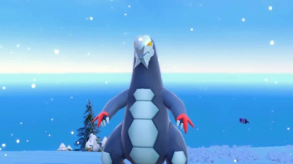 pokemon go baxcalibur en un hábitat nevado de la región de paldea