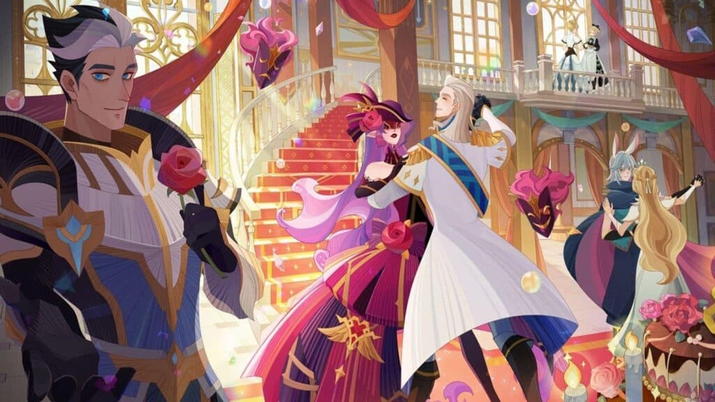 Arte oficial de AFK Arena con varios personajes bailando.