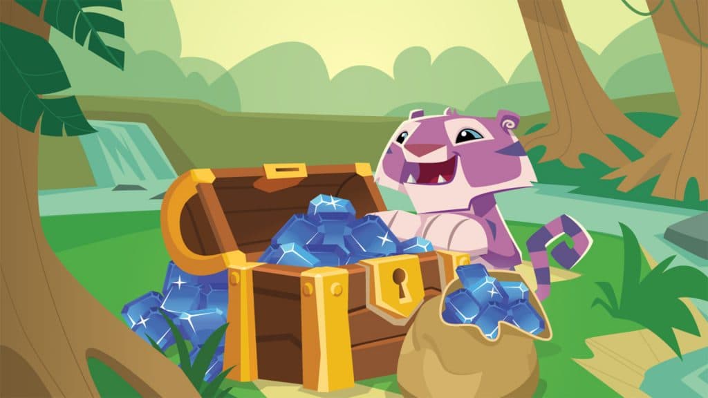 Tigre en Animal Jam abriendo un cofre del tesoro.