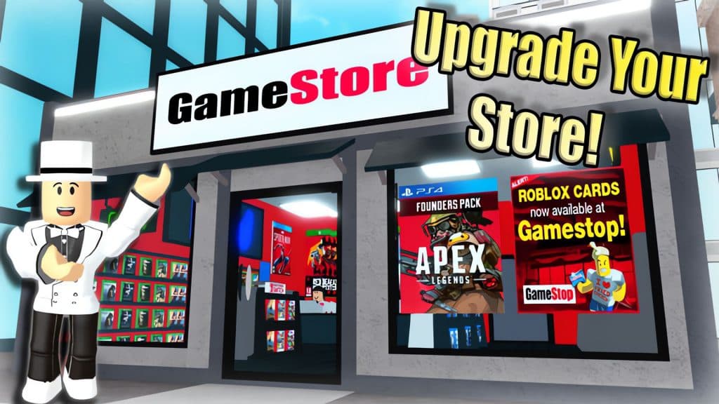 Un personaje frente a una tienda de juegos en Roblox Game Store Tycoon.