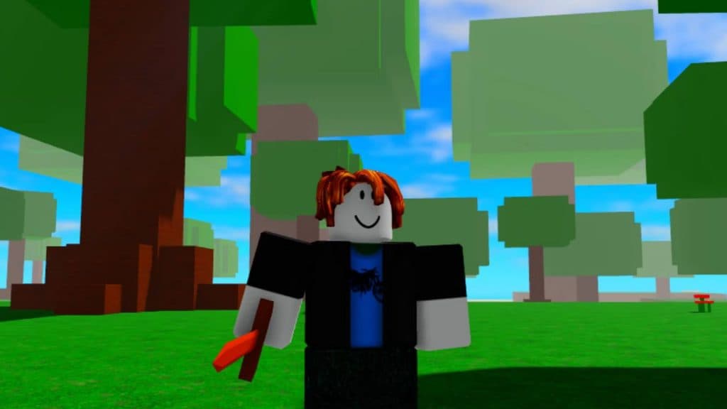 Un personaje con una espada en un bosque en Roblox Classic RPG.