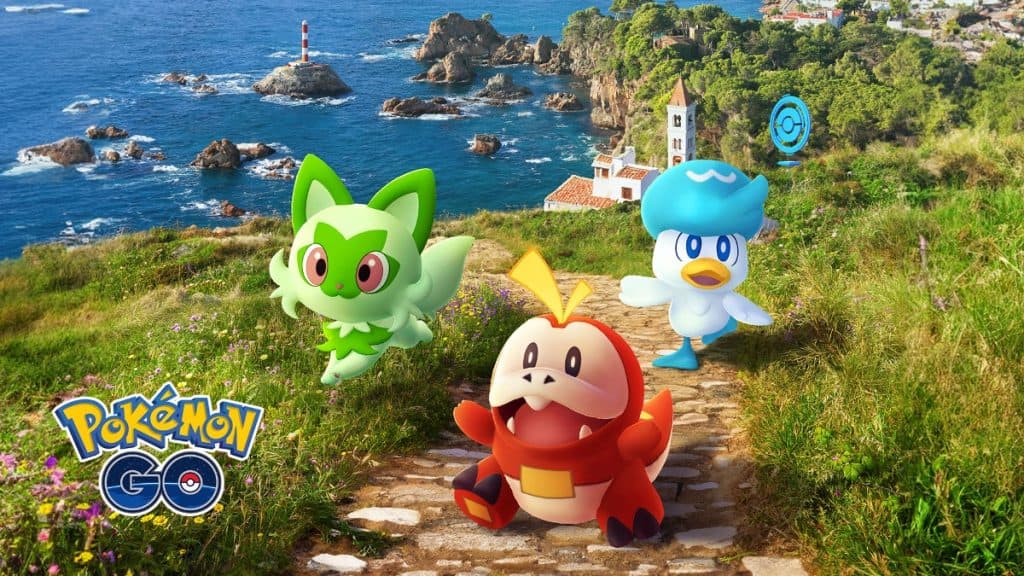 Imagen promocional del evento Pokémon Go A Paldean Adventure con sprigatito, fuecoco y quaxly.